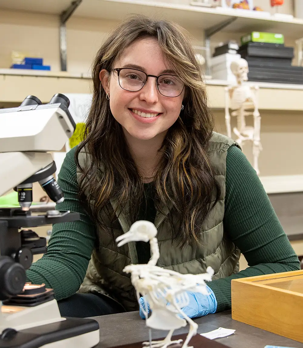 Student working at a lab bench with a microscope and a small skeletal model in a science laboratory.