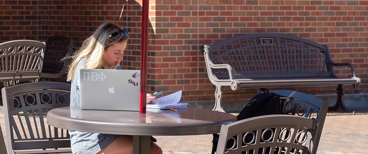 SIU Student working from laptop